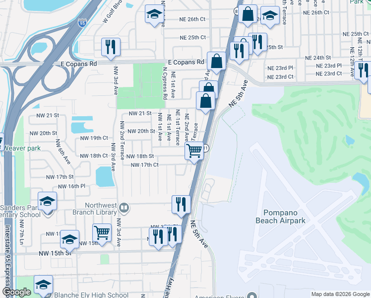 map of restaurants, bars, coffee shops, grocery stores, and more near 1910 Northeast 2nd Avenue in Pompano Beach