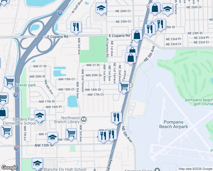map of restaurants, bars, coffee shops, grocery stores, and more near 1910 Northeast 1st Avenue in Pompano Beach