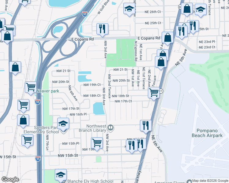 map of restaurants, bars, coffee shops, grocery stores, and more near 1850 Northwest 2nd Avenue in Pompano Beach
