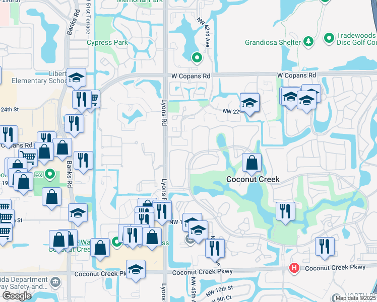 map of restaurants, bars, coffee shops, grocery stores, and more near 2302 Lucaya Lane in Coconut Creek