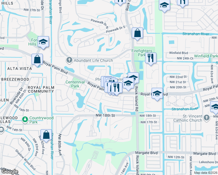 map of restaurants, bars, coffee shops, grocery stores, and more near 7536 Northwest 21st Street in Margate