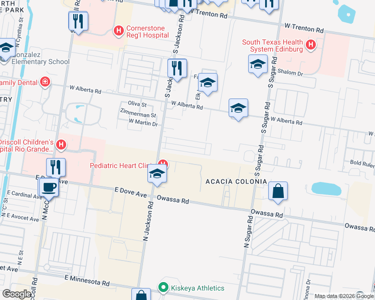 map of restaurants, bars, coffee shops, grocery stores, and more near 2021 West Western Drive in Edinburg