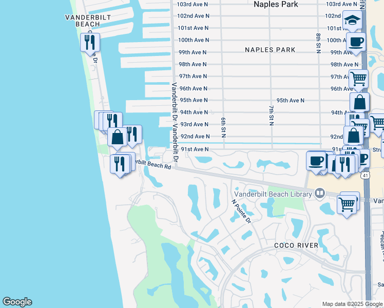 map of restaurants, bars, coffee shops, grocery stores, and more near 523 91st Avenue North in Naples