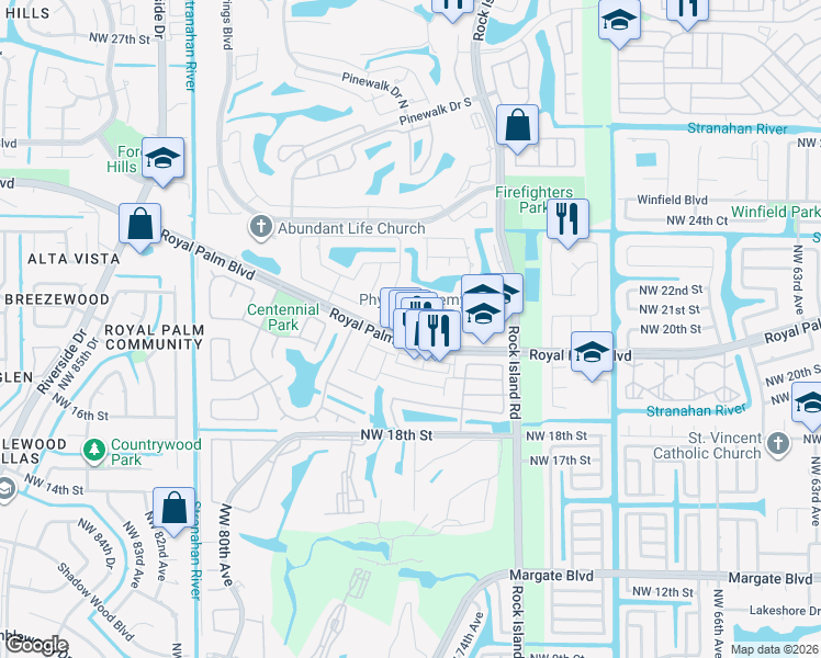 map of restaurants, bars, coffee shops, grocery stores, and more near 7536 Northwest 21st Street in Margate