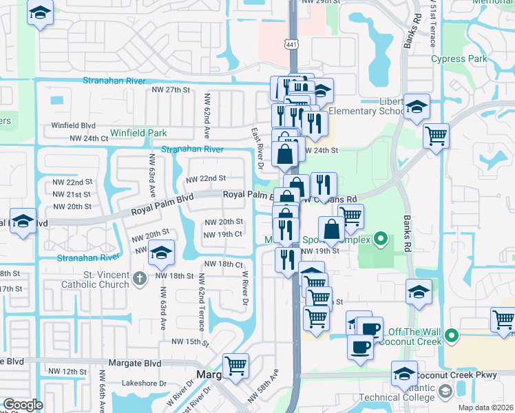 map of restaurants, bars, coffee shops, grocery stores, and more near in Pompano Beach