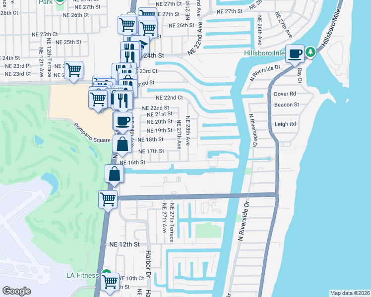 map of restaurants, bars, coffee shops, grocery stores, and more near 2800 Northeast 18th Street in Pompano Beach