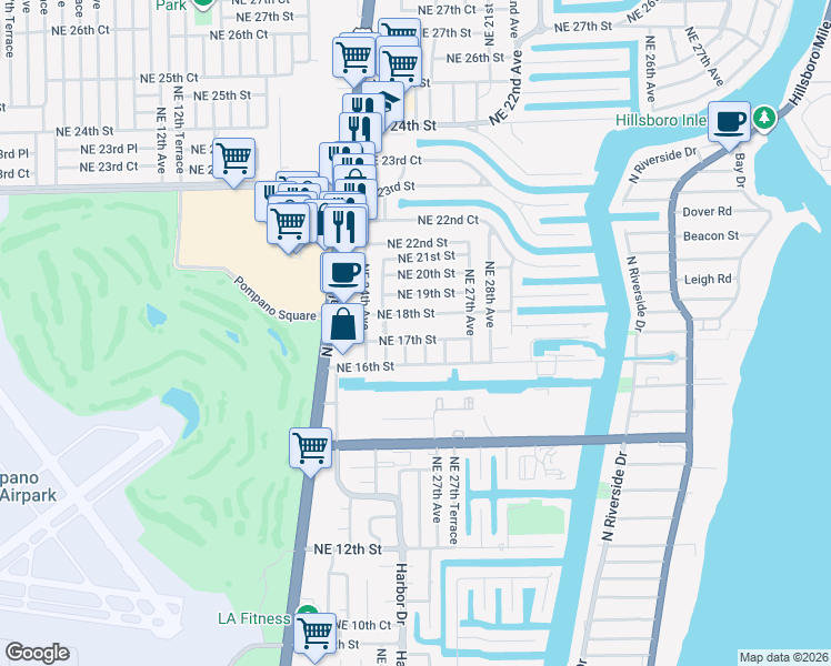 map of restaurants, bars, coffee shops, grocery stores, and more near 2610-2612 Northeast 18th Street in Pompano Beach