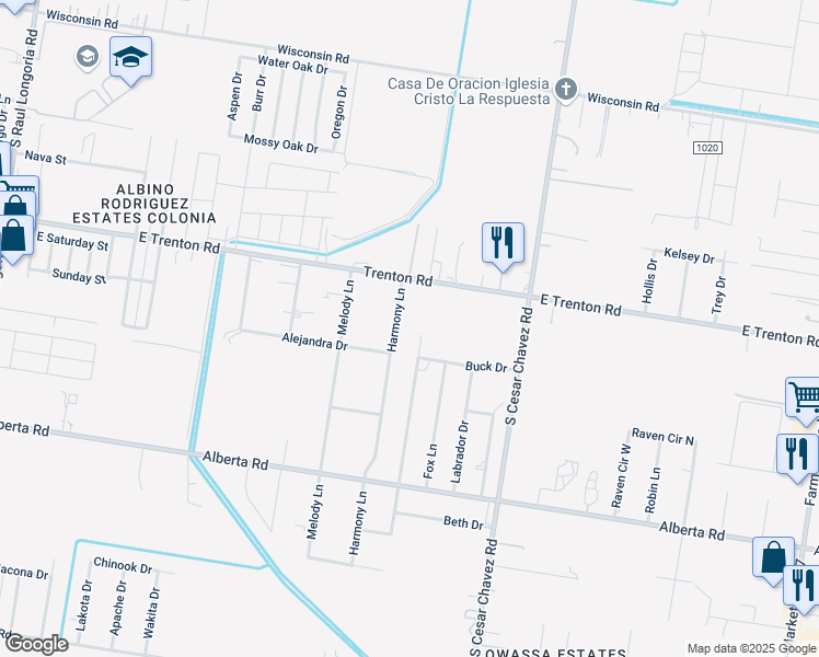 map of restaurants, bars, coffee shops, grocery stores, and more near 4407 Harmony Lane in Edinburg