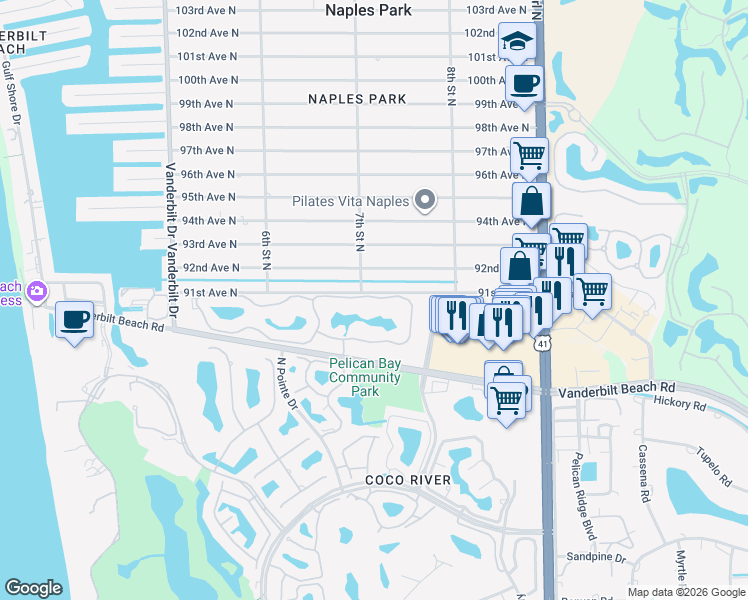 map of restaurants, bars, coffee shops, grocery stores, and more near 711 91st Avenue North in Naples