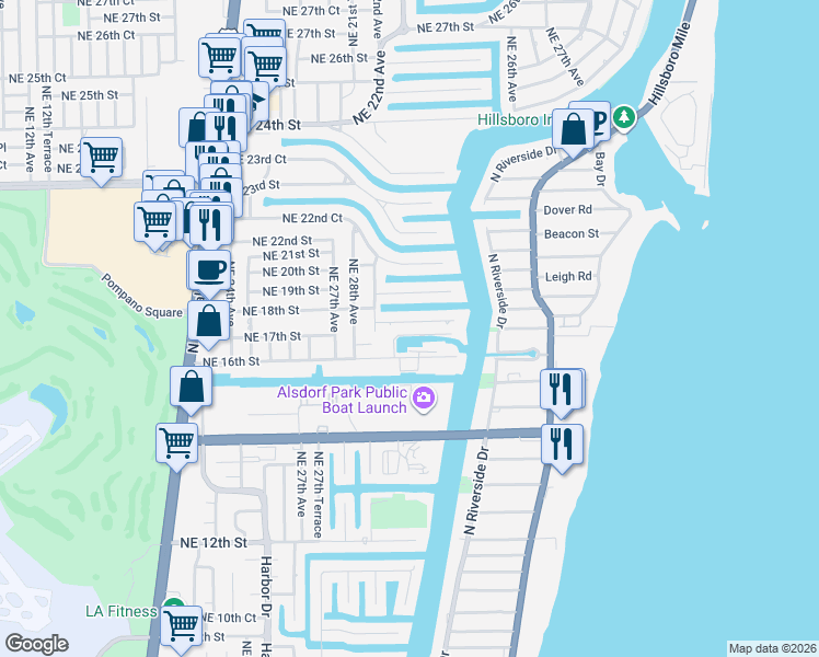 map of restaurants, bars, coffee shops, grocery stores, and more near 2871 Northeast 18th Street in Pompano Beach