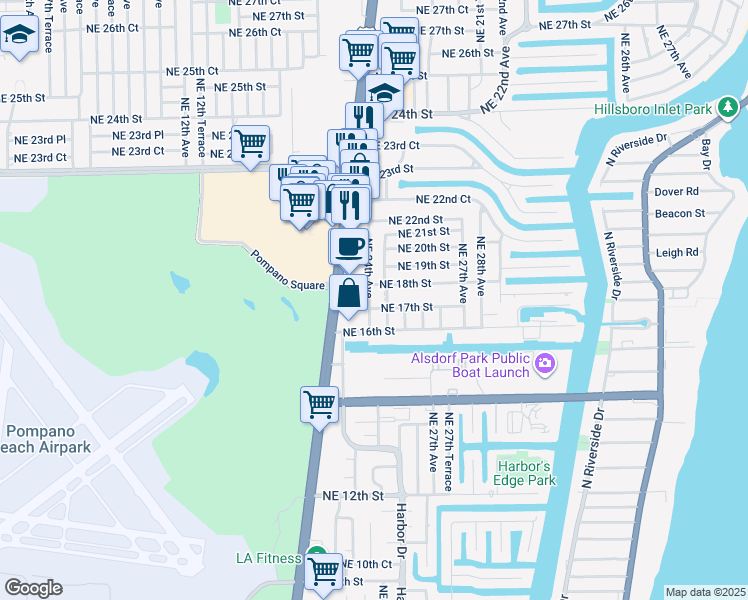 map of restaurants, bars, coffee shops, grocery stores, and more near 2450 Northeast 18th Street in Pompano Beach
