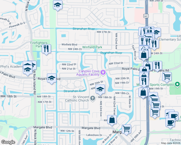 map of restaurants, bars, coffee shops, grocery stores, and more near 2116 Northwest 64th Avenue in Margate