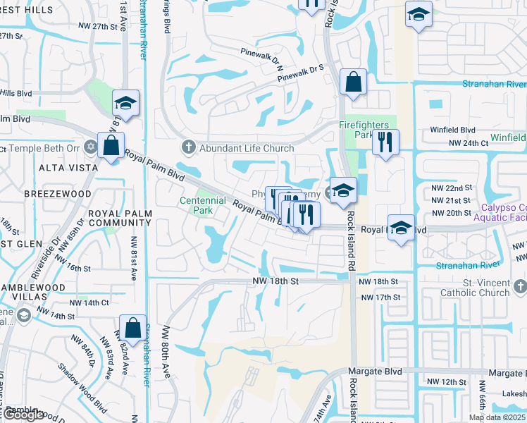 map of restaurants, bars, coffee shops, grocery stores, and more near 7648 Northwest 21st Street in Margate