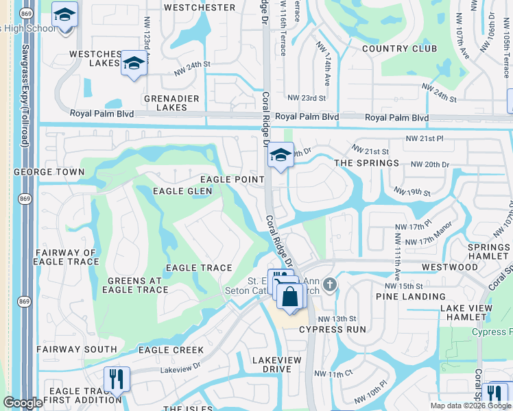 map of restaurants, bars, coffee shops, grocery stores, and more near 1853 Monte Carlo Way in Coral Springs