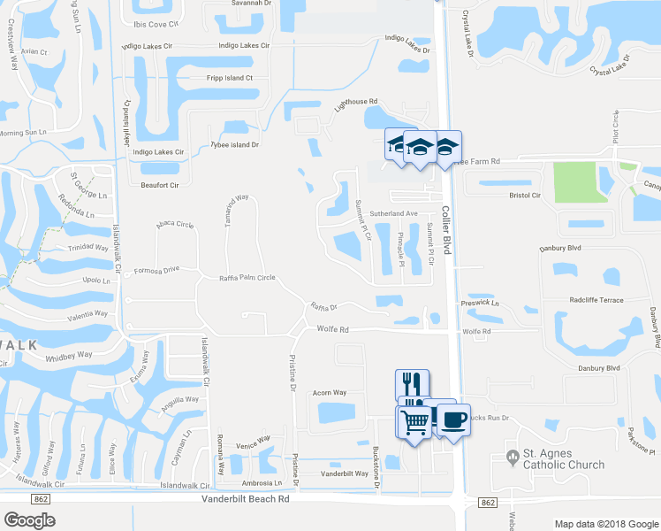 map of restaurants, bars, coffee shops, grocery stores, and more near 15204 Summit Place Circle in Naples