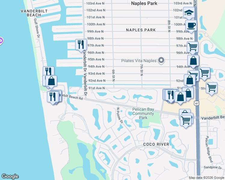 map of restaurants, bars, coffee shops, grocery stores, and more near 601 91st Avenue North in Naples