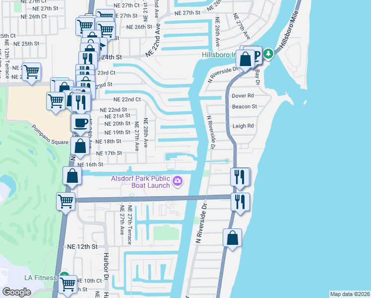 map of restaurants, bars, coffee shops, grocery stores, and more near 2921 Northeast 18th Street in Pompano Beach