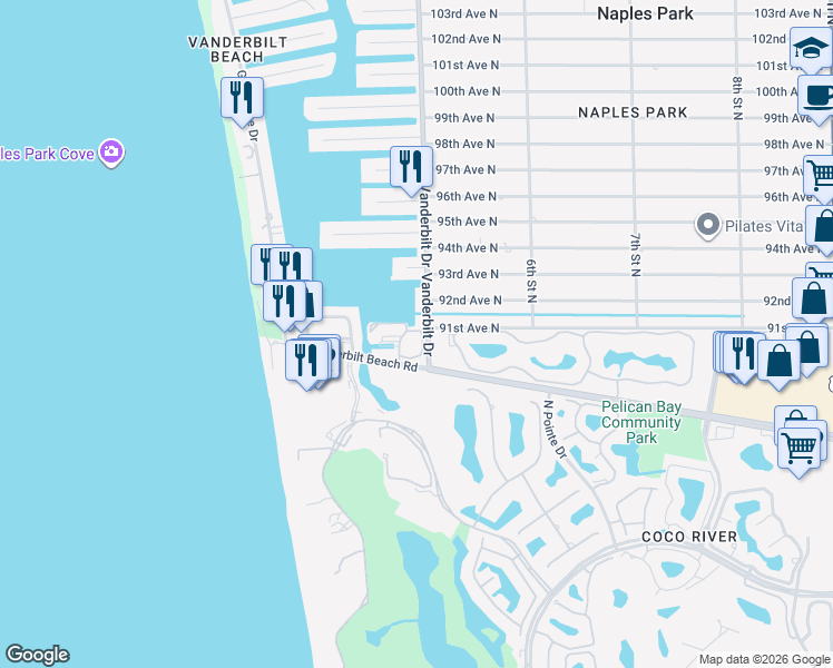 map of restaurants, bars, coffee shops, grocery stores, and more near 9101 Vanderbilt Drive in Naples