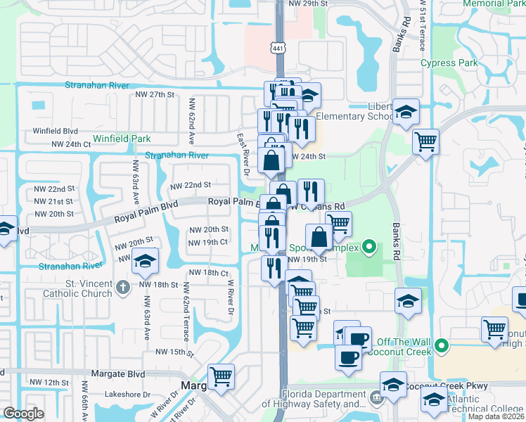 map of restaurants, bars, coffee shops, grocery stores, and more near in Margate