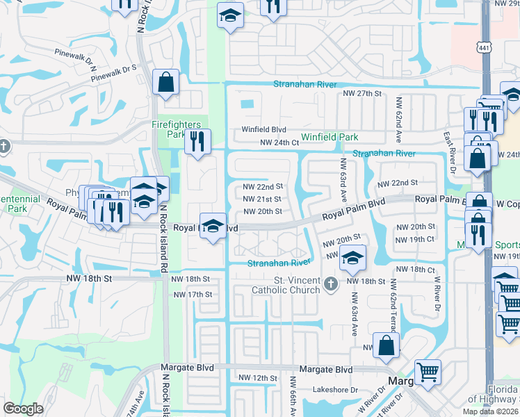 map of restaurants, bars, coffee shops, grocery stores, and more near 6700 Northwest 21st Street in Margate