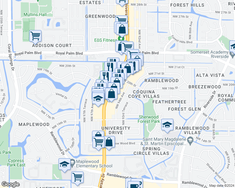map of restaurants, bars, coffee shops, grocery stores, and more near 100 Northwest 19th Street in Coral Springs