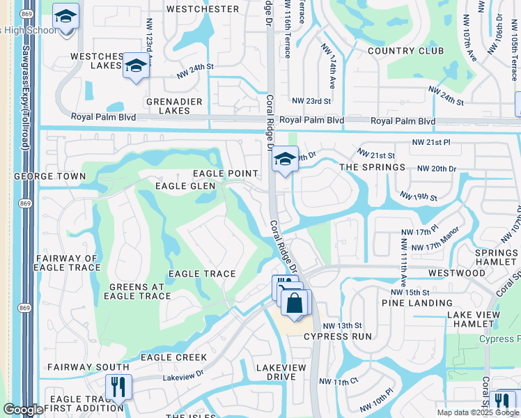 map of restaurants, bars, coffee shops, grocery stores, and more near 1853 Monte Carlo Way in Coral Springs