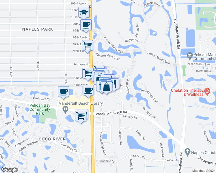 map of restaurants, bars, coffee shops, grocery stores, and more near 9115 Strada Stell Court in Naples