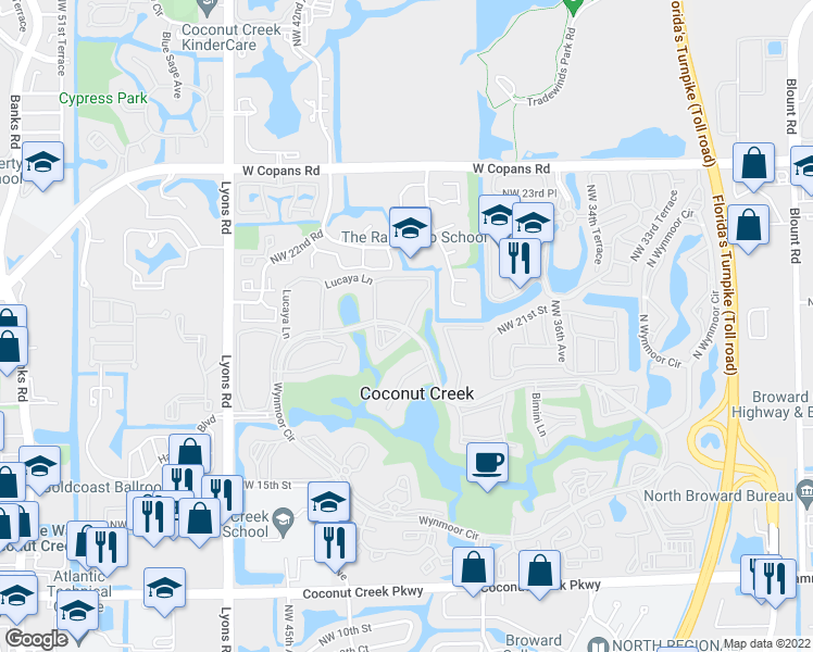 map of restaurants, bars, coffee shops, grocery stores, and more near 2103 Lucaya Bend in Coconut Creek