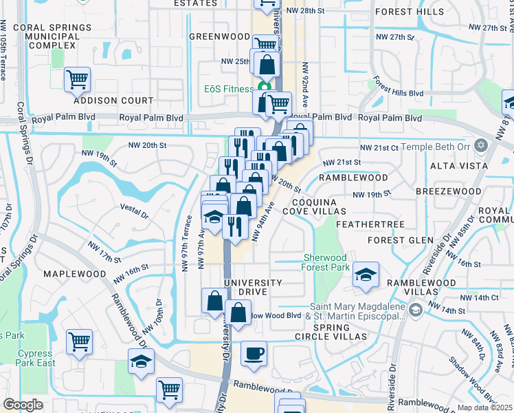 map of restaurants, bars, coffee shops, grocery stores, and more near 100 Northwest 19th Street in Coral Springs