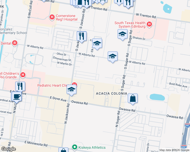 map of restaurants, bars, coffee shops, grocery stores, and more near 1913 West Western Drive in Edinburg