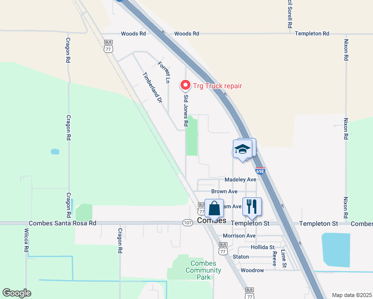 map of restaurants, bars, coffee shops, grocery stores, and more near Sid Jones Rd in Combes