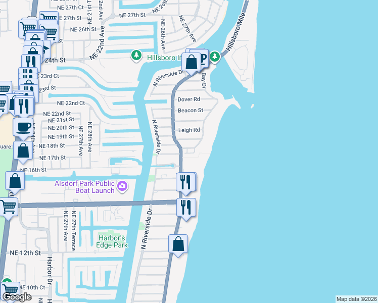 map of restaurants, bars, coffee shops, grocery stores, and more near 3213 Marine Drive in Pompano Beach