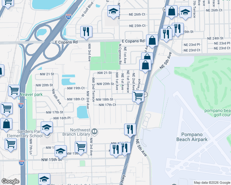 map of restaurants, bars, coffee shops, grocery stores, and more near 1910 Northwest 1st Terrace in Pompano Beach