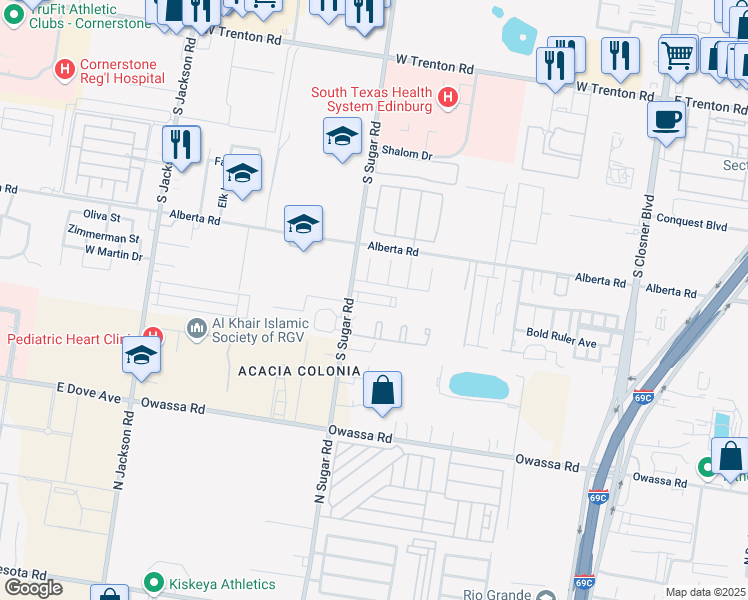 map of restaurants, bars, coffee shops, grocery stores, and more near 5208 Sugar Road in Edinburg