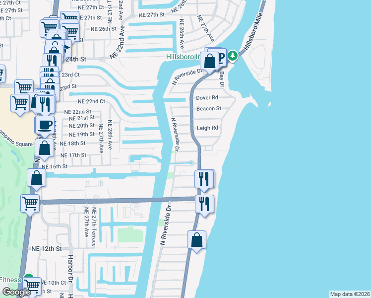 map of restaurants, bars, coffee shops, grocery stores, and more near 1802 North Riverside Drive in Pompano Beach