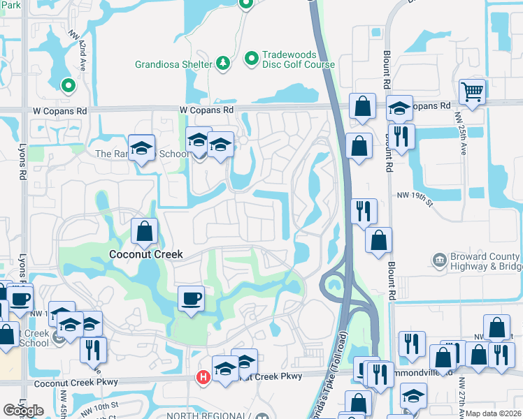 map of restaurants, bars, coffee shops, grocery stores, and more near 3450 Northwest 21st Street in Coconut Creek