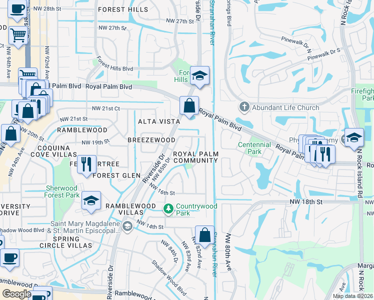 map of restaurants, bars, coffee shops, grocery stores, and more near 8377 Northwest 19th Court in Coral Springs