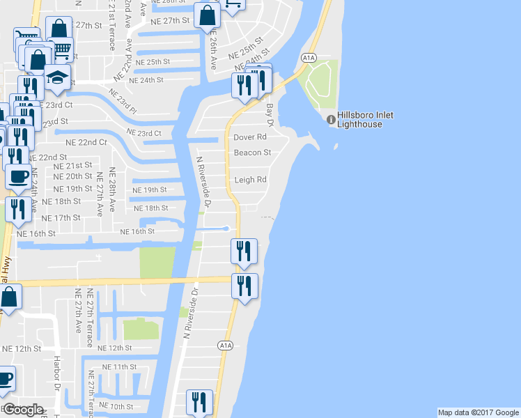 map of restaurants, bars, coffee shops, grocery stores, and more near 1796 Bay Drive in Pompano Beach