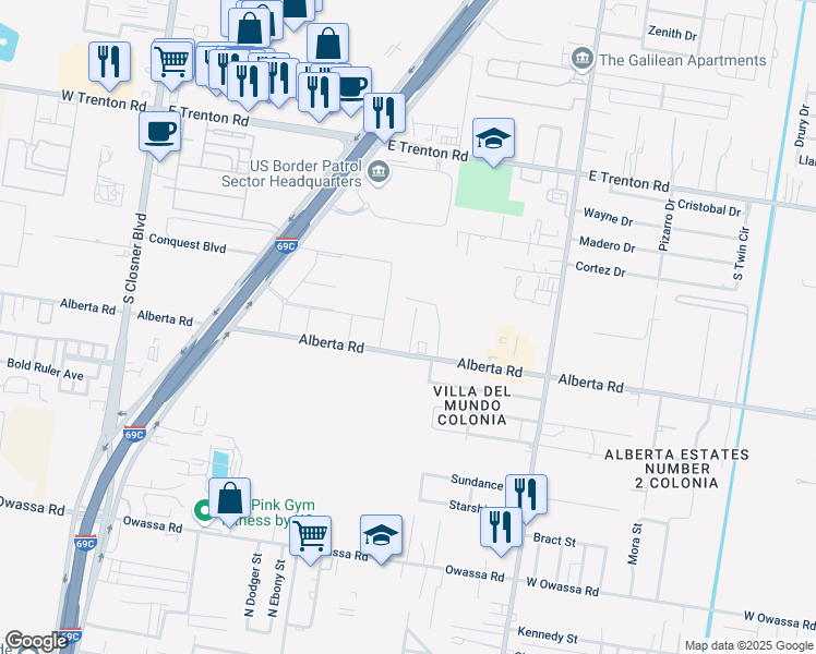 map of restaurants, bars, coffee shops, grocery stores, and more near 825 Alberta Road in Edinburg