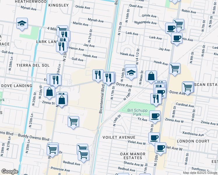 map of restaurants, bars, coffee shops, grocery stores, and more near 1701 West Dove Avenue in McAllen