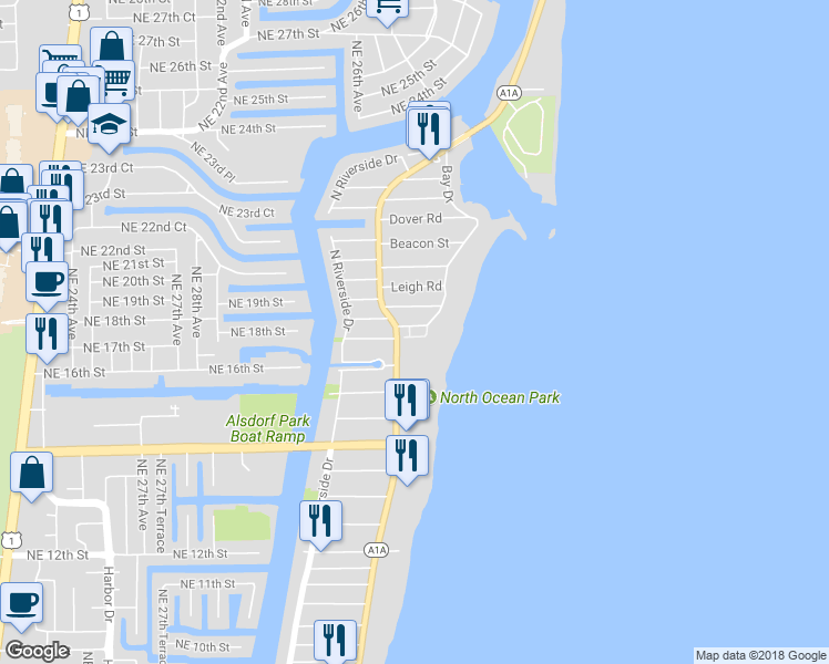 map of restaurants, bars, coffee shops, grocery stores, and more near 1802 Bay Drive in Pompano Beach