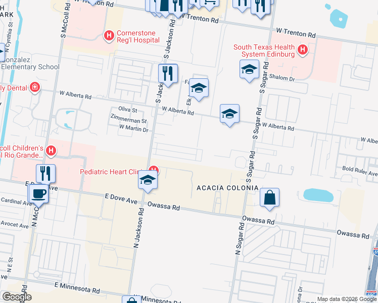 map of restaurants, bars, coffee shops, grocery stores, and more near 1913 West Western Drive in Edinburg