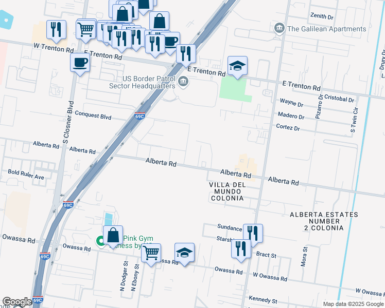 map of restaurants, bars, coffee shops, grocery stores, and more near 825 Alberta Road in Edinburg