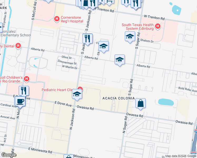 map of restaurants, bars, coffee shops, grocery stores, and more near 1913 West Western Drive in Edinburg