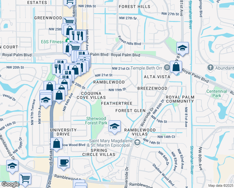 map of restaurants, bars, coffee shops, grocery stores, and more near 1902 Northwest 88th Avenue in Coral Springs