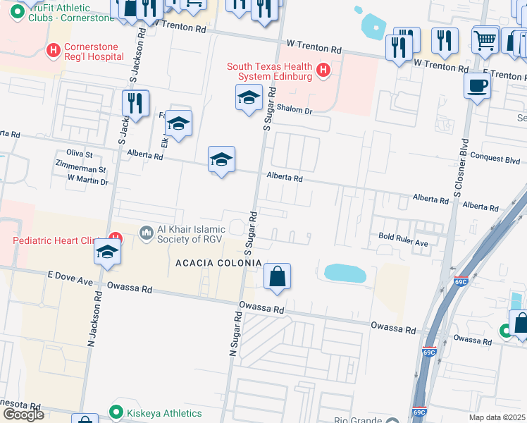 map of restaurants, bars, coffee shops, grocery stores, and more near 5208 Sugar Road in Edinburg