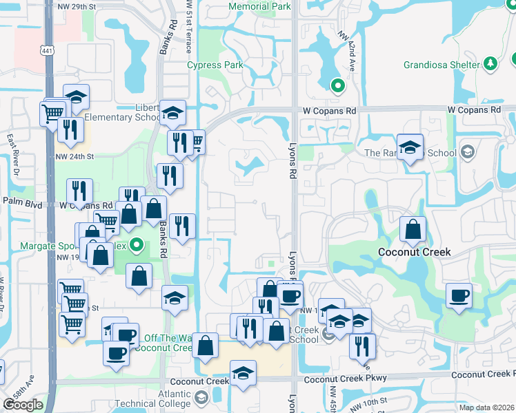 map of restaurants, bars, coffee shops, grocery stores, and more near 4702 Northwest 21st Court in Coconut Creek