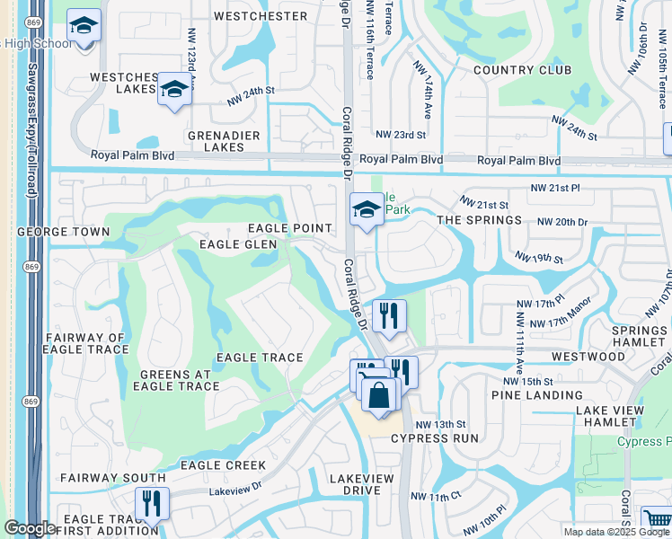 map of restaurants, bars, coffee shops, grocery stores, and more near 1853 Monte Carlo Way in Coral Springs