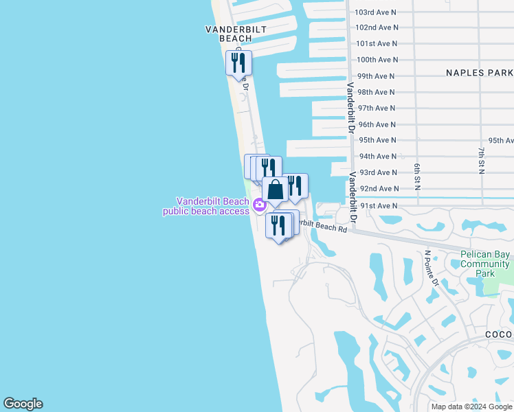 map of restaurants, bars, coffee shops, grocery stores, and more near 9051 Gulf Shore Drive in Naples