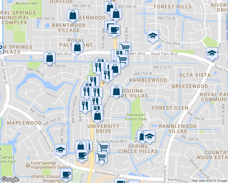 map of restaurants, bars, coffee shops, grocery stores, and more near 1871 Northwest 94th Avenue in Coral Springs
